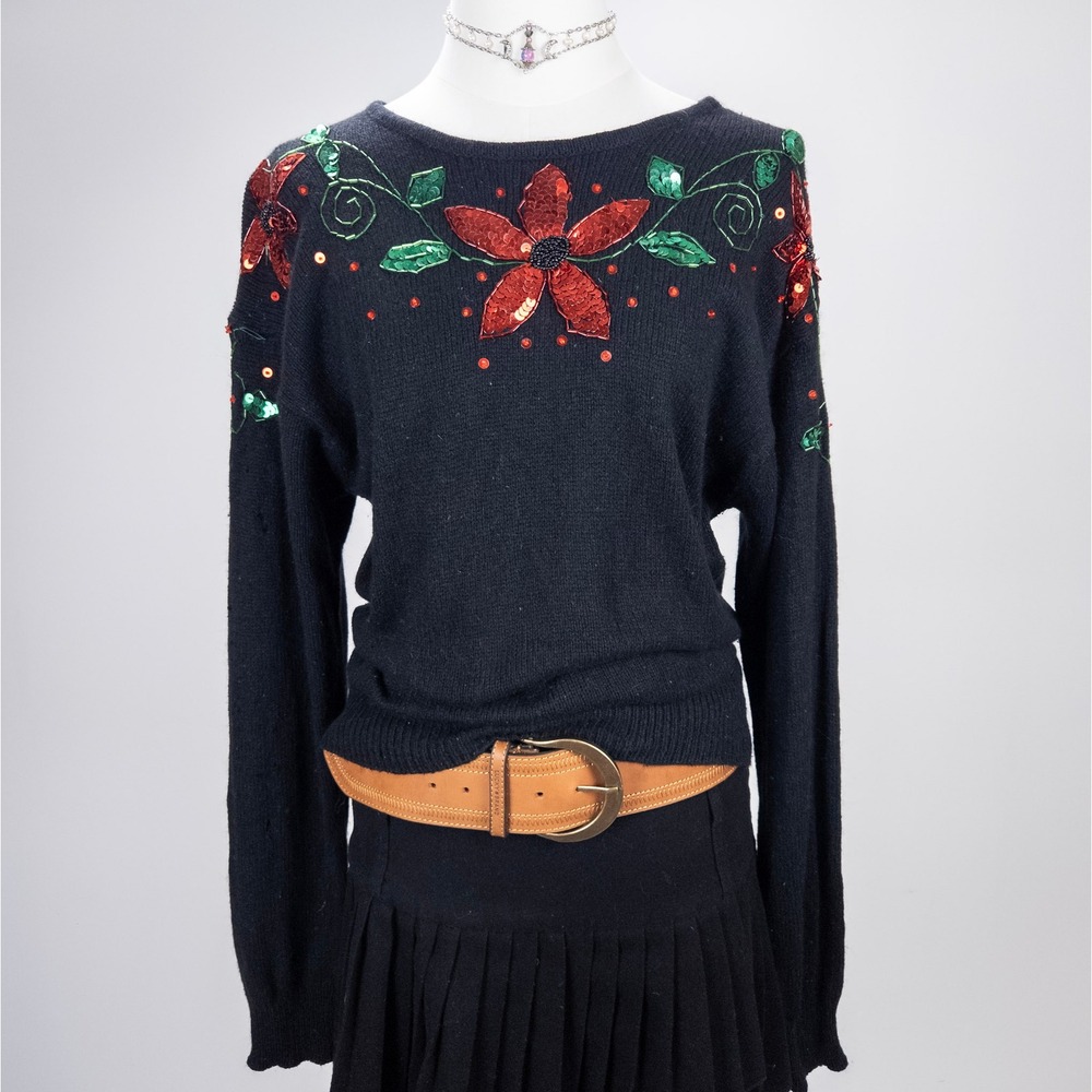 Vintage Black Silk Angora Sequin‎ Floral Sweater - 90s Holiday Knit Pullover